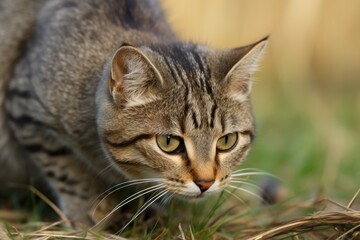 Charming tabby cat hunting in the garden on a warm summer day.