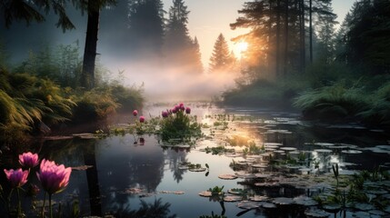 Beautiful summer morning dreamy Forest creek in warm sunlight natural panoramic countryside landscape Pastoral scenery. Selective focusing on foreground. Fog in the pond on a sunny morning.
