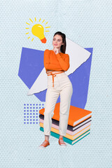 Photo collage picture of young smart woman student touch chin confident thinking lightbulb eureka...