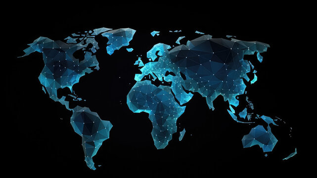 3d World map network connection glowing polygonal triangle neon lines on dark black background. World connection futuristic concept, website landing page template design. Generative AI
