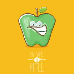 very funny cartoon cute green apple character isolated on orange background. My name is apple vector concept. vector super funky fruit summer food character