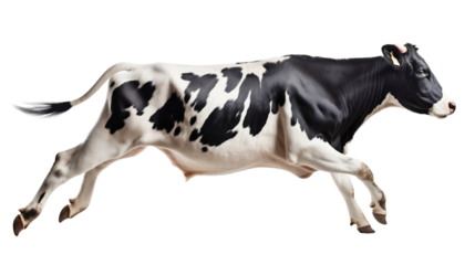 Transparent cow isolated on white. Jumping cow. Spotted cow. Farm animals. Cow, standing full-length in front of transparent background.