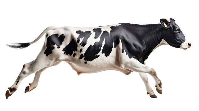 Transparent cow isolated on white. Jumping cow. Spotted cow. Farm animals. Cow, standing full-length in front of transparent background.