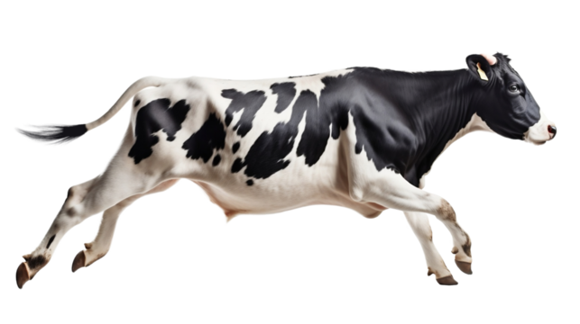 Transparent cow isolated on white. Jumping cow. Spotted cow. Farm animals. Cow, standing full-length in front of transparent background.