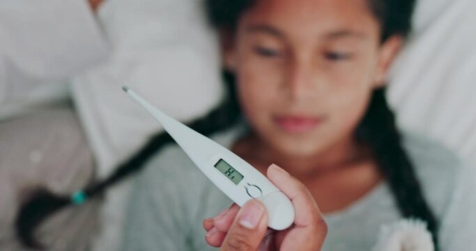 Thermometer, sick and parent with child in bed for health, virus or infection at home for childcare. Family, closeup and hands of mom with girl in bedroom to check temperature for cold, fever and flu
