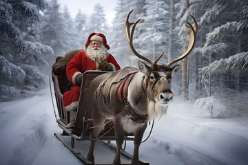 A sleigh with reindeer and a Santa Claus. Christmas celebration greeting card - obrazy, fototapety, plakaty