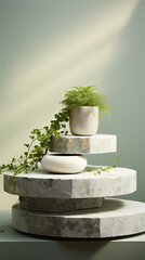 Stones and a plant on a beige background.. Background for product advertising, cosmetics. 
