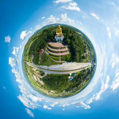 Aerial View Kruba Sivichai Large Monument, Of Lamphun, Thailand (Tiny Planet Spherical)