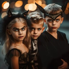  Little kids at a Halloween party in scary costumes posing Halloween concept made with generative ai technology