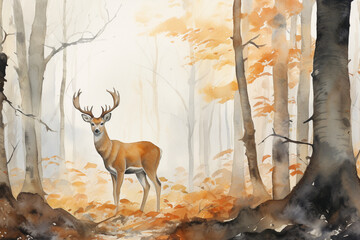 watercolor art of a deer in beautiful autumnal forest. generative ai.