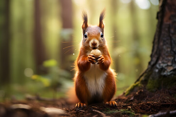 A squirrel holding a nut. Animals in the autumn forest. Wildlife background - obrazy, fototapety, plakaty