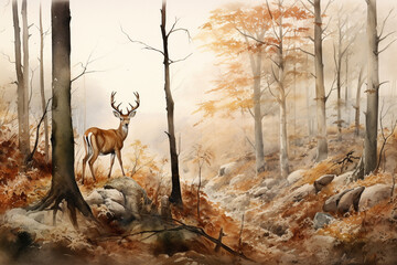 watercolor art of a deer in beautiful autumnal forest. generative ai.