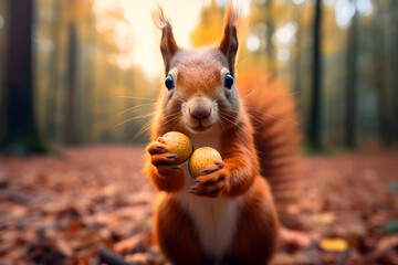 A squirrel holding a nut. Animals in the autumn forest. Wildlife background - obrazy, fototapety, plakaty