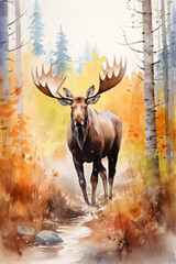 watercolor painting of moose in autumnal forest scenery. generative ai.