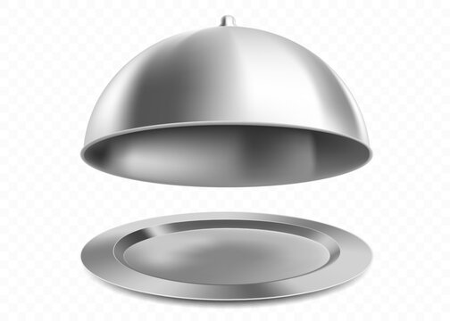 Metal tray with a cloche. Restaurant dish. Template isolated on transparent background. vector mockup