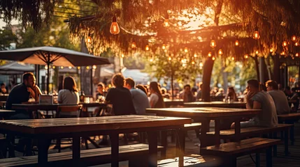 Fototapete Musikladen Bokeh background of street bar beer restaurant, outdoor. People sit chill out and hang out dinner and listen to music together in avenue. Happy life. Generative Ai