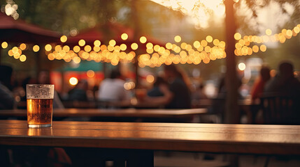 Fototapeta na wymiar Bokeh background of street bar beer restaurant, outdoor. People sit chill out and hang out dinner and listen to music together in avenue. Happy life. Generative Ai
