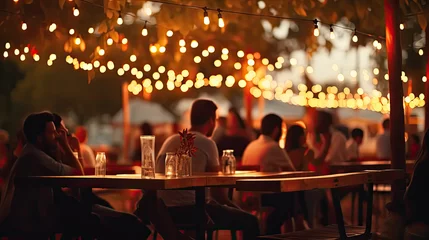 Photo sur Plexiglas Magasin de musique Bokeh background of street bar beer restaurant, outdoor. People sit chill out and hang out dinner and listen to music together in avenue. Happy life. Generative Ai