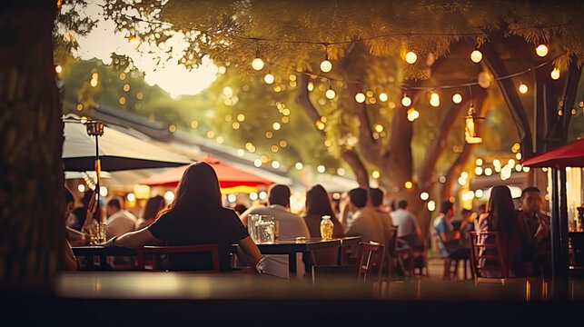 Bokeh background of street bar beer restaurant, outdoor. People sit chill out and hang out dinner and listen to music together in avenue. Happy life. Generative Ai
