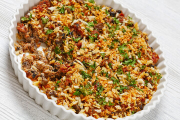 mushrooms ground meat casserole in dish, top view