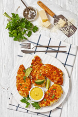 fried chicken cutlets on white plate, top view
