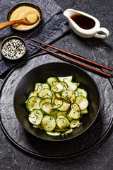 Sunomono, Japanese Cucumber Salad in a black bowl