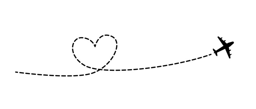 Heart formed by a travel path of dashed lines. Vector illustration of a traveling plane. Love travel concept. Airplane line path icon