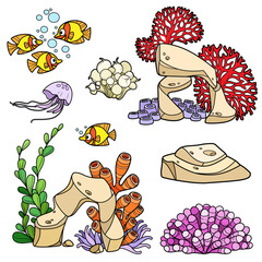 Coral, seaweed and anemones growing on rocks, jelyfish and fishes, sandstone set coloring book color drawing isolated on white background