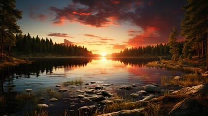 Fototapeta premium Beautiful sunset over a lake with small waves. A forest of pine and spruce trees line the lake,sunrise over the lake, beautiful spring season wallpapers and textures and spring background