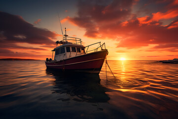 Fototapeta premium A sunset and a fishing boat after golden hour. Calm and relaxation background