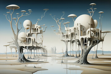 World surrealism illustration, houses on dry trees in the desert - obrazy, fototapety, plakaty