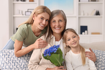 Three generations. Happy grandmother with beautiful cornflowers, her daughter and granddaughter at...