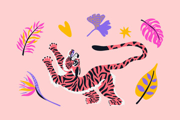 Poster with groovy tiger, banana leaf, strelitzia, palm tree on the pink background. Cartoon vector illustration for cover, postcard, stickers, t shirt. .