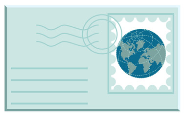 International mail. Postage stamp with Earth globe on card