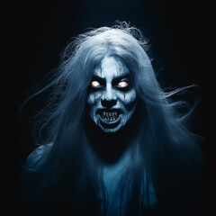Spooky and Scary Long Haired Female Ghost in Dark Background - Generative Ai