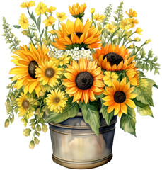 Yellow Sunflowers in pot, watercolor illustration