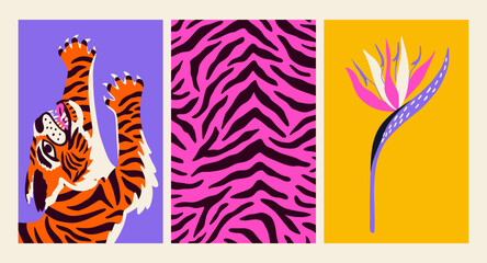 Set of posters with tiger, strelitzia on groovy background. Design for trippy cards. Cartoon vector illustration for cover, postcard, stickers, t shirt.