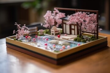 Naklejka na ściany i meble Diorama of Japanese garden. Hot spring, toy holiday home. Miniature of Japanese resort created with Generative AI Technology
