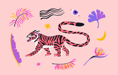 Poster with cute tiger, eye, banana leaf, palm tree on the pink background. Cartoon vector illustration for cover, postcard, stickers, t shirt.