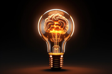 Burning classic light bulb with a small glow in the dark brain inside isolated on a black background. Creative brainstorming concept, idea, startup. 3d render illustration style.