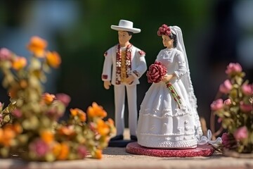Fototapeta na wymiar Spanish or Mexican wedding in miniature style. Two lovers in beautiful wedding dresses. Little toy husband and wife. Concept of love, romance created with Generative AI Technology