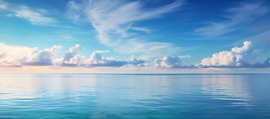 tropical beach panorama, seascape with a wide horizon, showcasing the beautiful expanse of the sky meeting the sea - obrazy, fototapety, plakaty