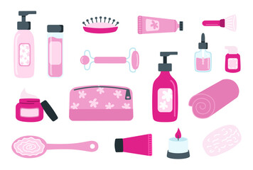 Set of trendy pink beauty products and skincare elements in flat style. Cream, cosmetic bag, brush, candle. Vector illustration