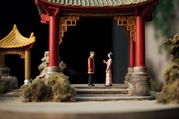 Chinese wedding in miniature style. Husband and wife in traditional Chinese clothes. Concept of love, tradition, family and relationships. Asian man and woman created with Generative AI Technology