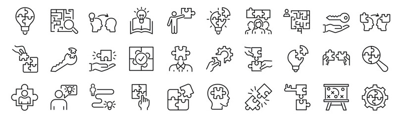 Set of outline icons related to problem solution, support, cooperation, sloving. Linear icon collection. Editable stroke. Vector illustration
