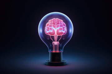 Burning classic light bulb with a small glow in the dark brain inside isolated on a black background. Creative brainstorming concept, idea, startup. 3d render illustration style.