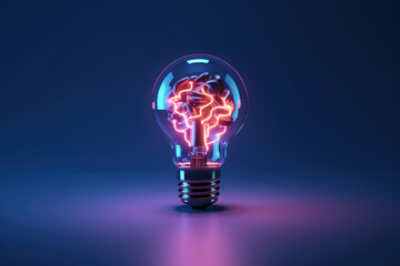Burning classic light bulb with a small glow in the dark brain inside isolated on a dark background. Creative brainstorming concept, idea, startup. 3d render illustration style.