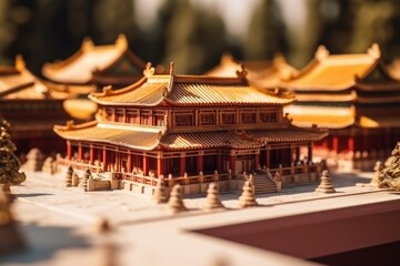 Fototapeta premium Chinese traditional Diorama Palace. Miniature ancient castle in China. Medieval Asian architecture. Beautiful landscape created with Generative AI Technology