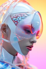 A vibrant woman dons a cyber-inspired mask, showcasing her bold fashion sense and inspiring a vision of the future