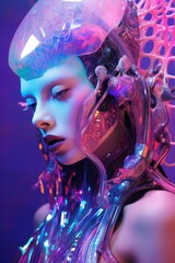 A mysterious woman wearing a vivid, magenta and violet futuristic garment stares out from behind a cybernetic headset, evoking a sense of wonder and possibility
